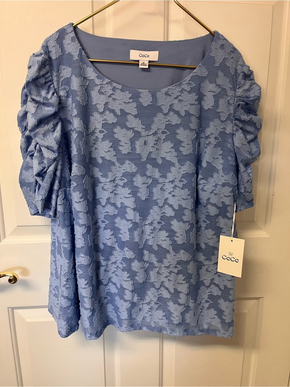 CeCe Light Blue Floral Jacquard Puff-Sleeve Blouse